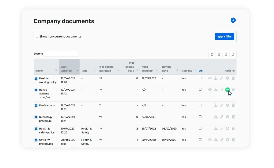 Breathe's HR interface showing a list of company documents