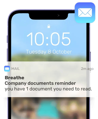 Mobile phone lock screen with an email notification form Breathe saying 'Company documents reminder, you have 1 document you need to read'