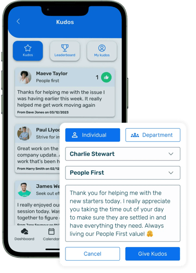 Mobile phone showing Breathe's mobile app interface on the company's kudos page showing all previous kudos to employees