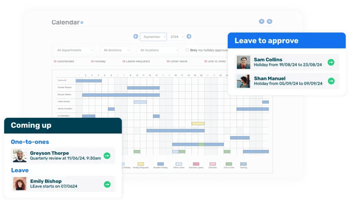 Breathe's HR software interface showing the holiday calendar with 2 HR pop ups showing 'Leave to approve' and 'Coming up in the next 7 days'