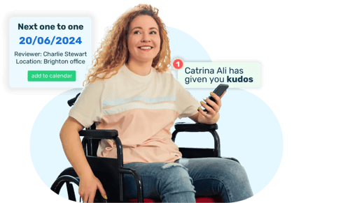 Lady with curly blonde hair in wheelchair smiling with Breathe's performance module interface floating around her