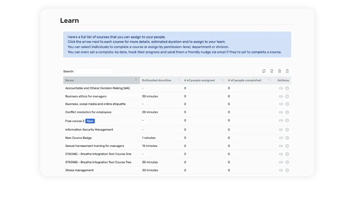Breathe's HR software interface showing a list of training courses included in the Learn module