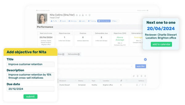 Breathe's HR software interface showing an employee's performance overview with 2 pop ups showing their next one-to-one and adding an objective