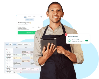 Man in apron holding an ipad with Rota, Time and Attendance software interface surrounding him