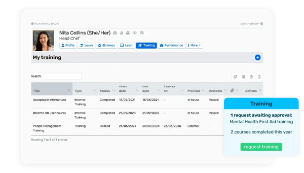 Breathe's HR software interface showing an employee's training overview with a pop up for a training request waiting for managerial approval