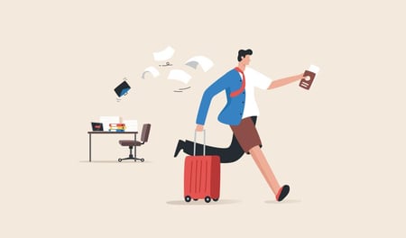 Animated image shows a man walking away from his desk, wheeling a suitcase & carrying a passport. 