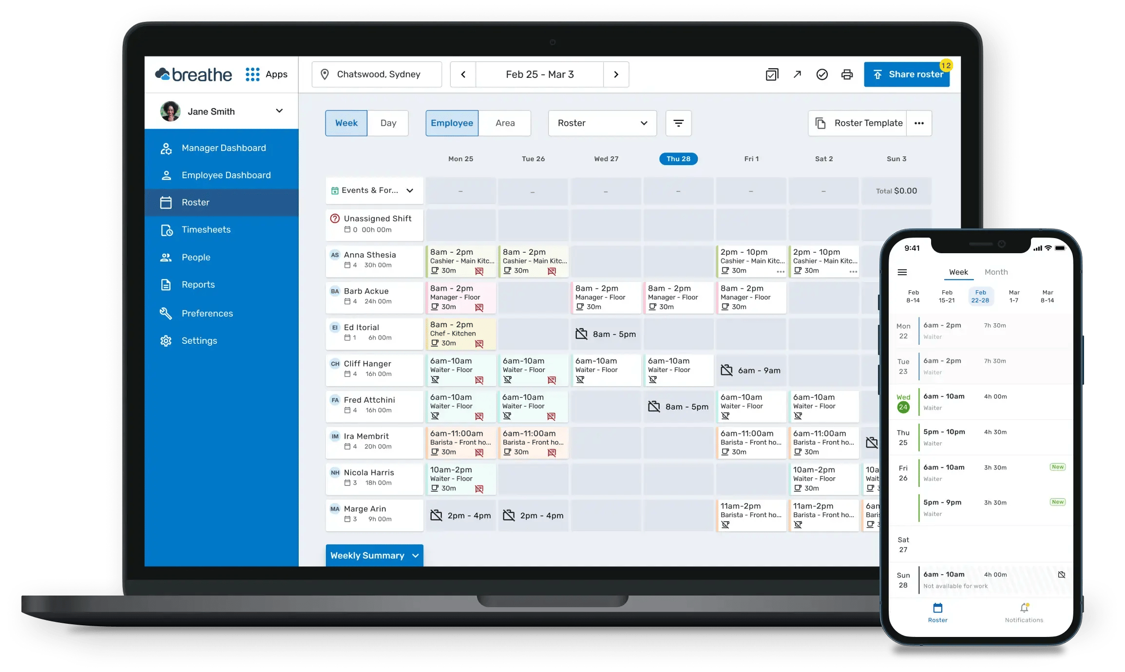 A screen showing Breathe's Roster feature. It is showing what employees are doing what shifts on the dates and location specified.
