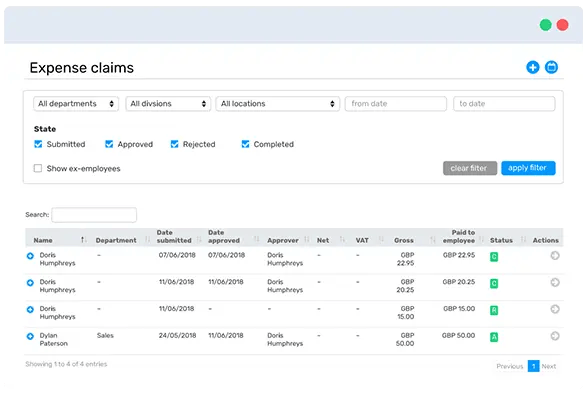 A snapshot of Breathes interface showing expense claims