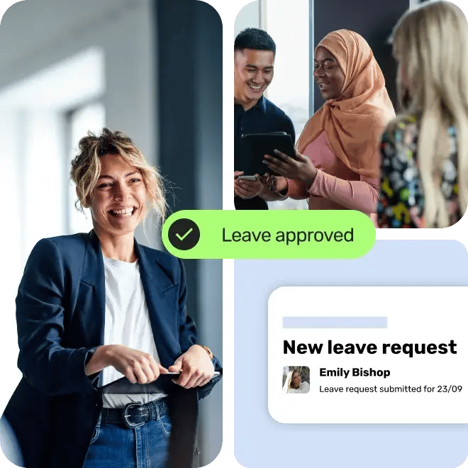 three tiles in image one with woman smiling holding a tablet device, another showing leave request message and the three people chatting looking at a tablet. 