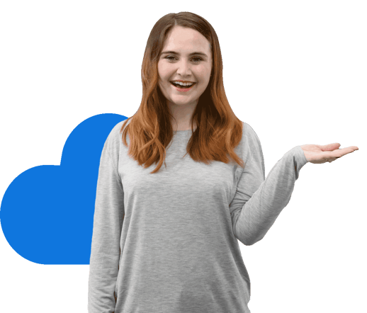 smiling woman in grey 