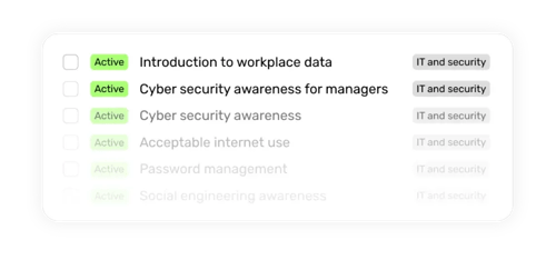 Breathe product UI showing a list of available courses for GDPR and IT security, focusing on 'introduction to workplace data' course