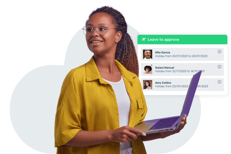 Lady smiling over her shoulder with a yellow shirt on holding a laptop with a notification from Breathe's software showing upcoming leave to approve