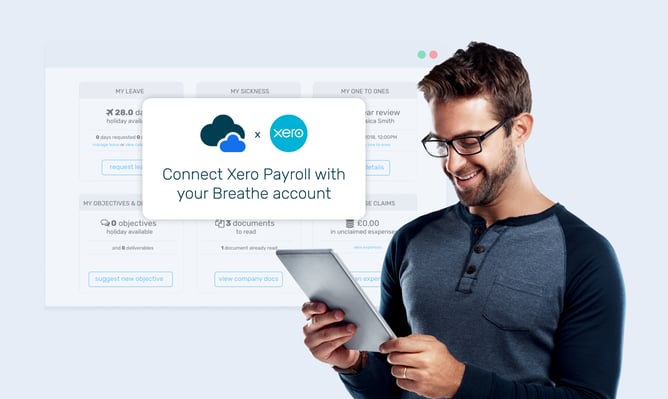 Man holding tablet with Xero Payroll graphic