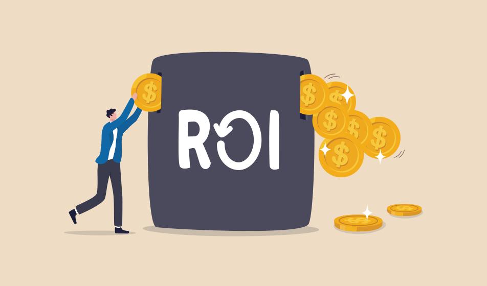 An animated image shows a man putting gold coins into a big pot, labelled 'ROI'. Many more coins spill out of the other side of the pot. 