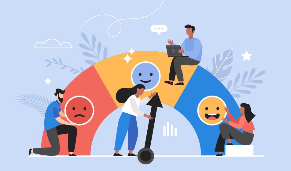 Animated abstract image shows an employee engagement survey with people trying to push the arrow into the smiley face zone