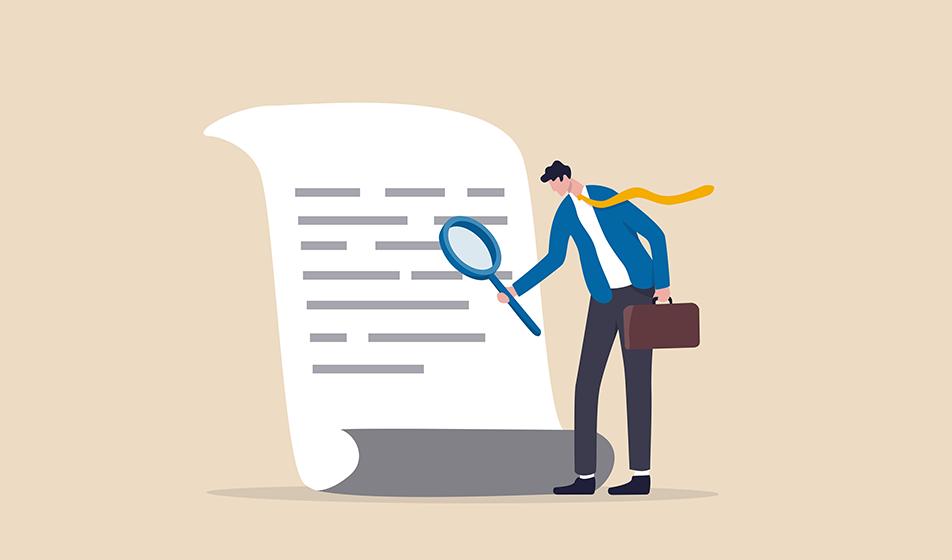 An abstract image shows a businessman with tie and briefcase examining a scroll of paper with a magnifying glass against a beige background