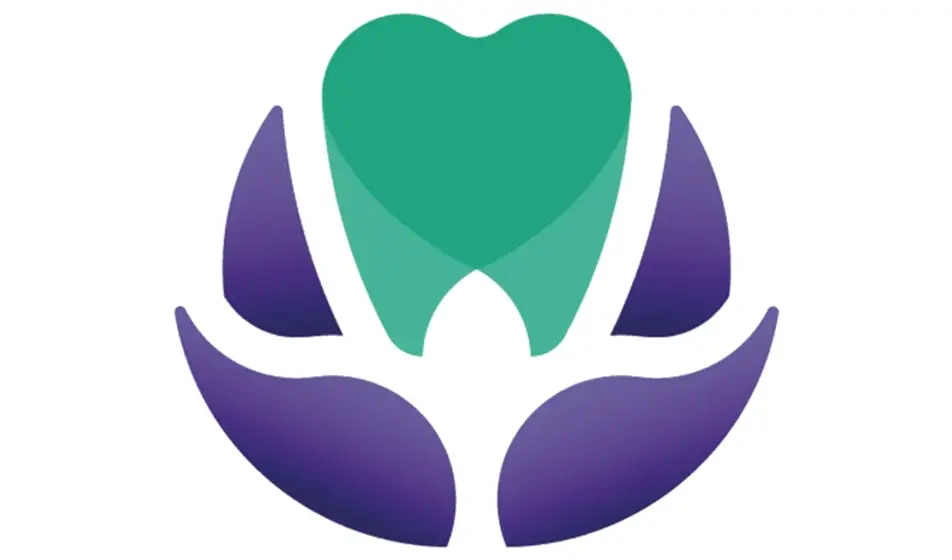 The logo of AVK dental care. The logo has a cartoon green tooth in the middle which has purple curvy shapes underneath it.