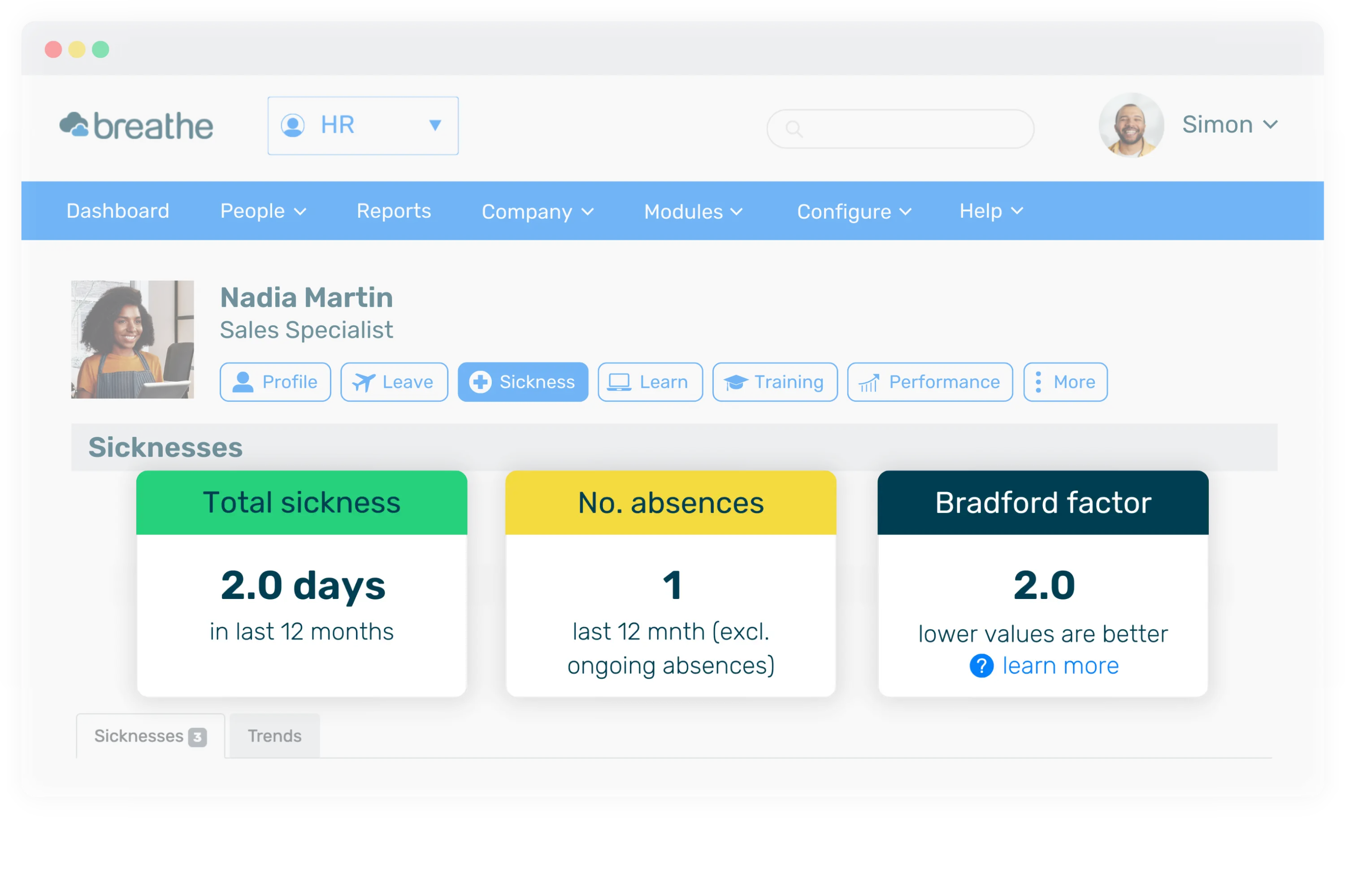 Employee's sickness dashboard showing absence for the year and bradford factor score