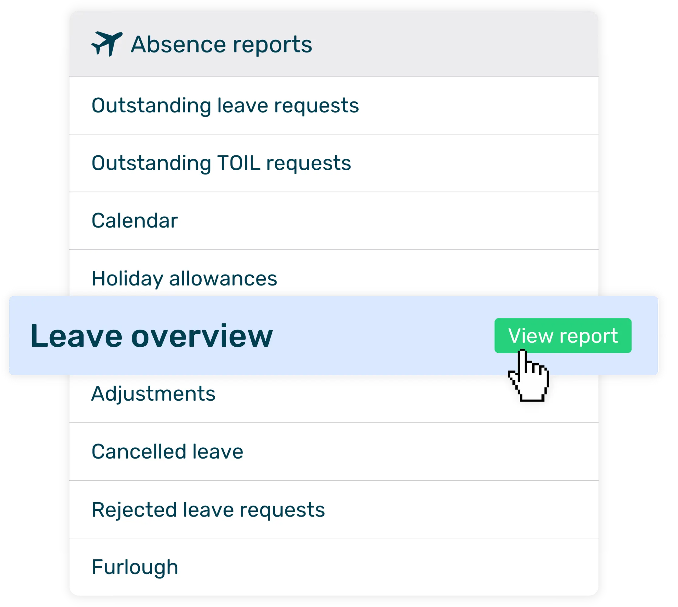 Selecting leave overview report from absence reports list