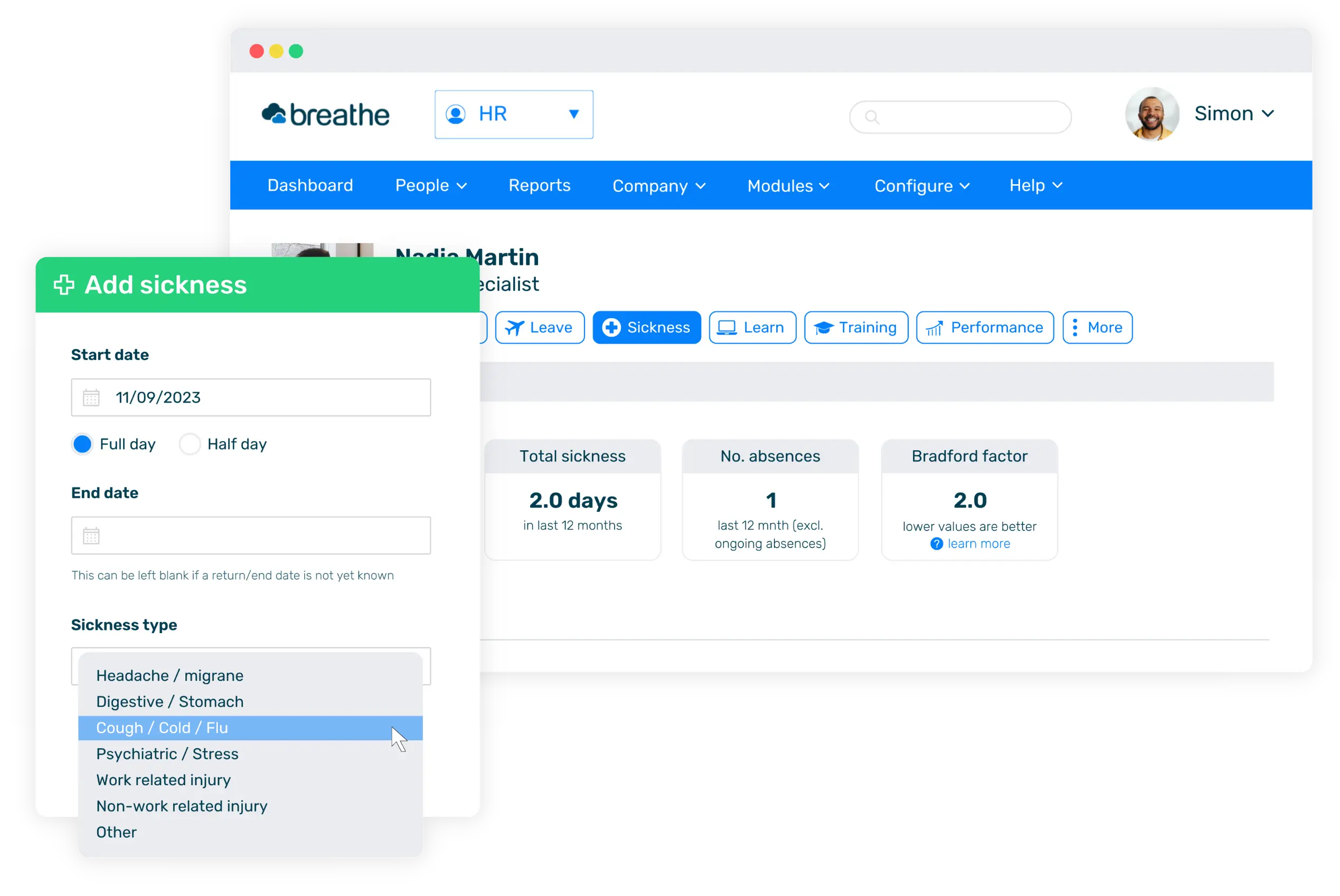 Overview of an employees sickness record with a pop up to add a new sickness
