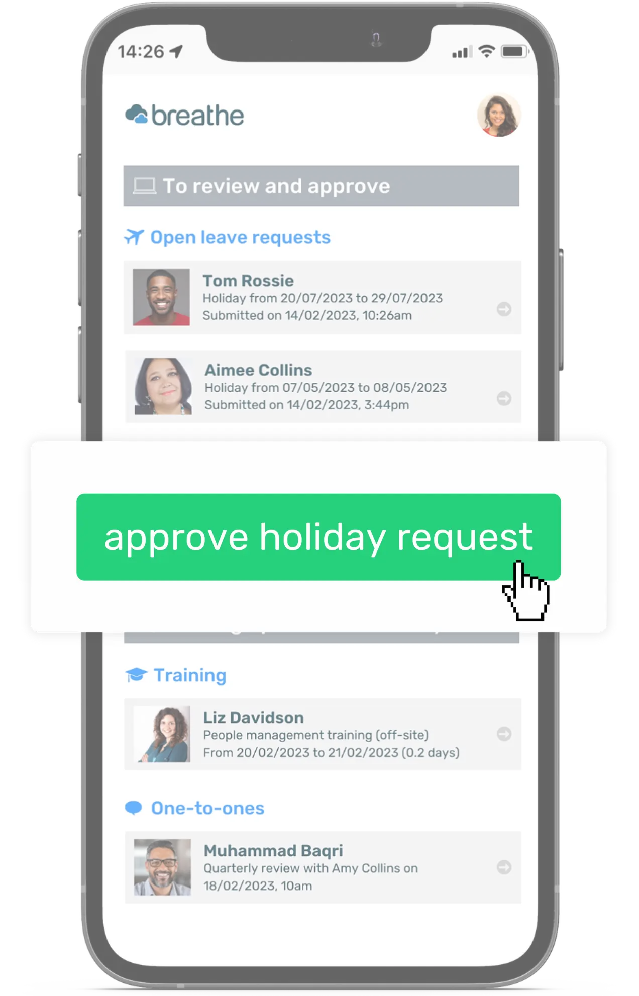 Breathe on mobile showing HR dashboard and an approve holiday request pop up 