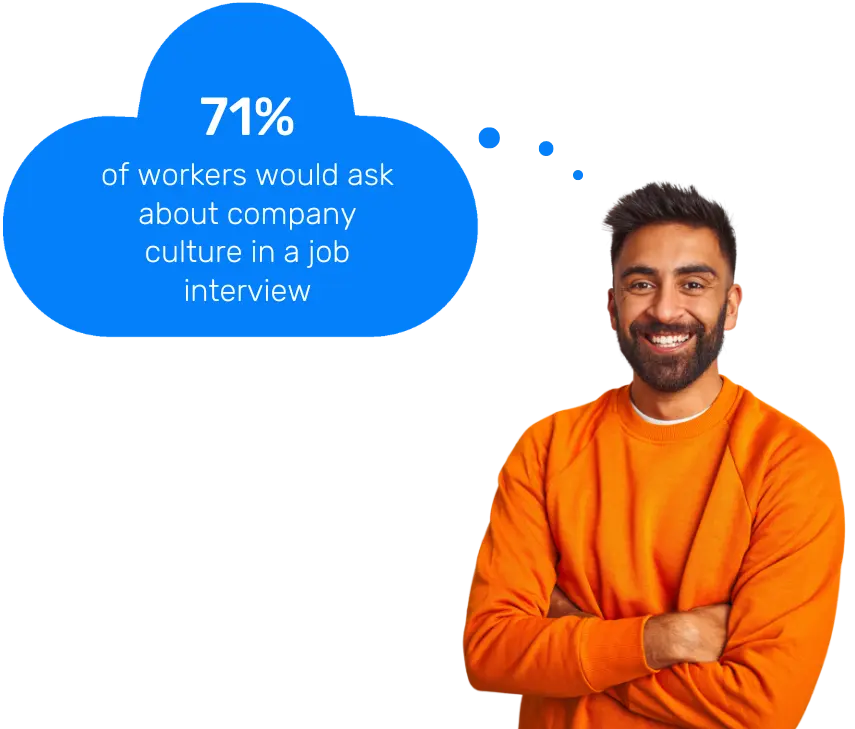 Smiling man with a blue cloud containing a stat about company culture in interviews