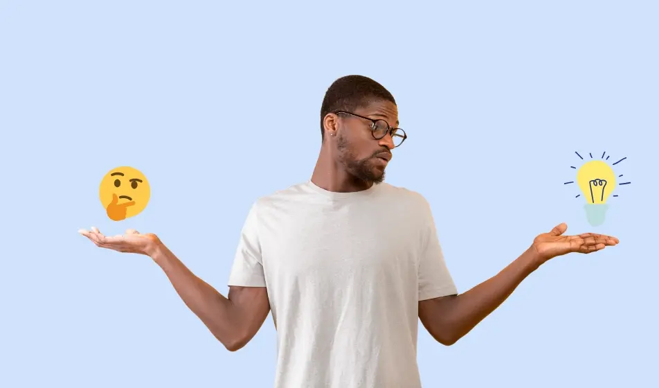 Man standing with arms outstretched, holding a thinking face emoji in one hand and a lightbulb in the other, illustrating a decision-making comparison.