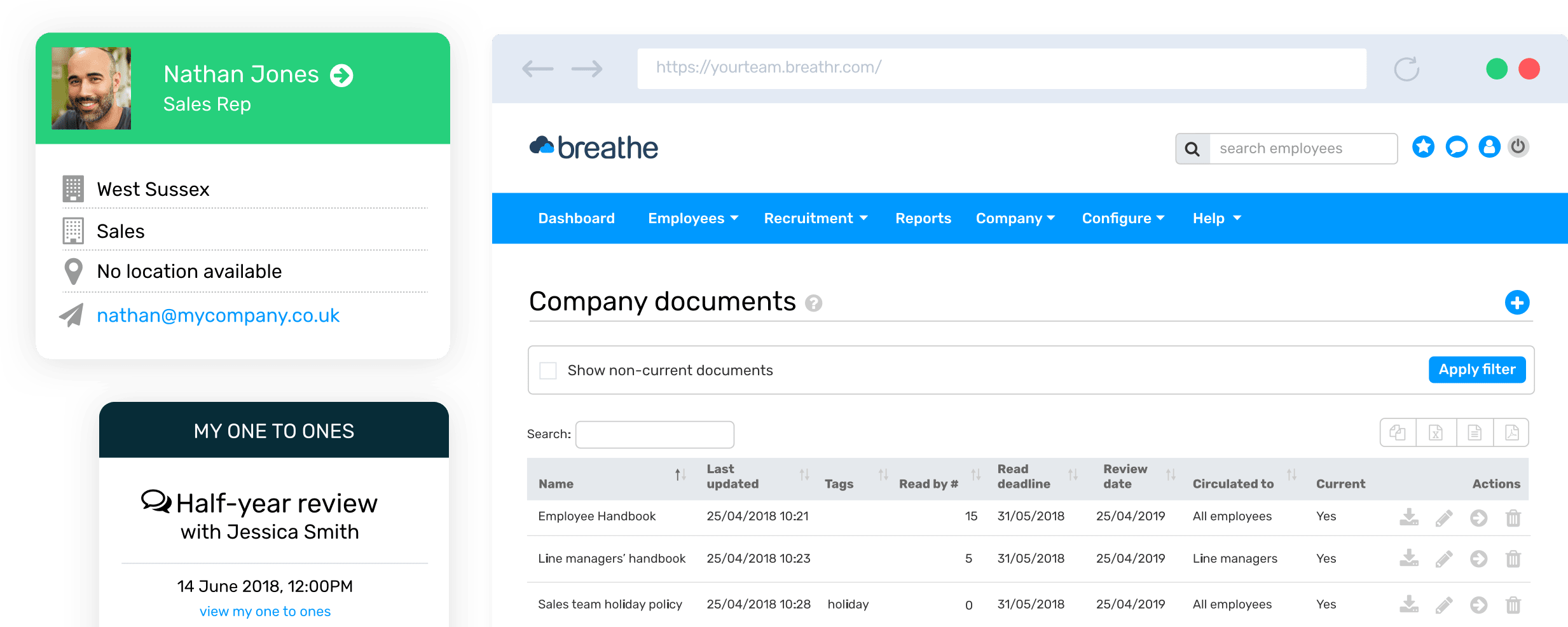 Snapshots of Breathe interfect showing the company documents section and Nathan Jones' information