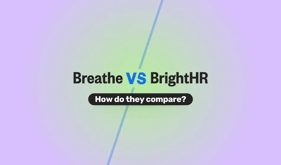 Visual comparison between Breathe and BrightHR, featuring bold text ‘Breathe VS BrightHR’ across a soft purple and green gradient background. A black oval banner underneath reads ‘How do they compare?’ in white text.