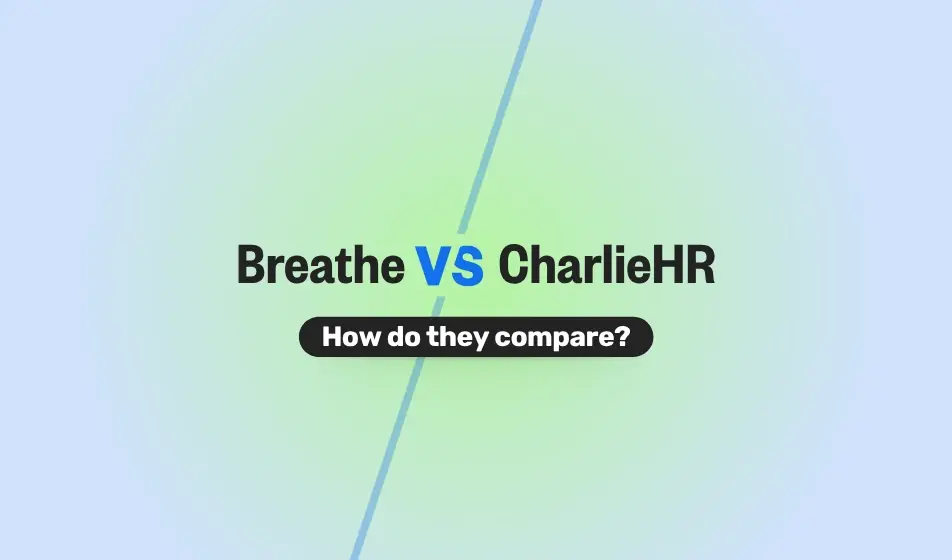 Graphic comparing Breathe and CharlieHR with the text ‘Breathe VS CharlieHR’ in bold, split diagonally across a soft gradient background. Below the main title is a rounded black label with white text that reads ‘How do they compare?’.