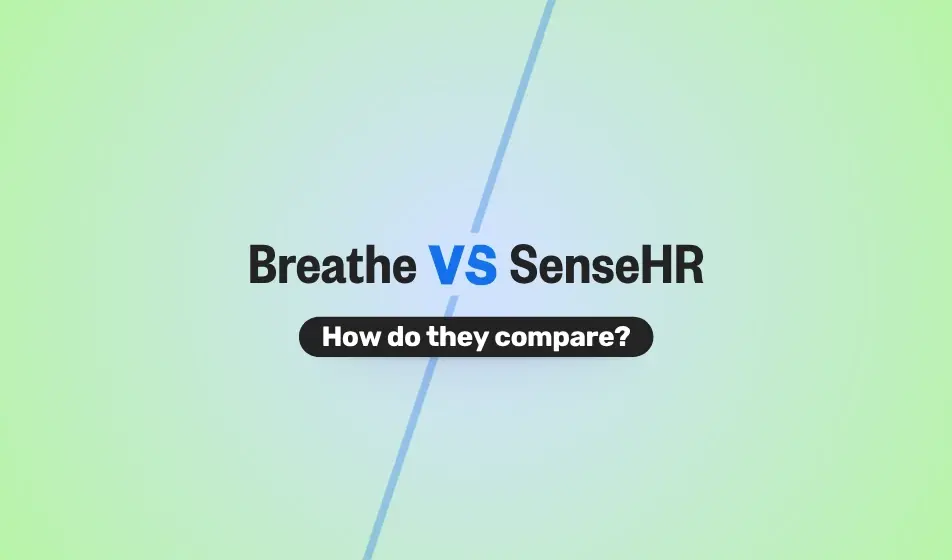 A visual comparison graphic showing ‘Breathe vs SenseHR’ with the subtitle ‘How do they compare?’ on a green and blue gradient background, showcasing a side-by-side HR software evaluation.