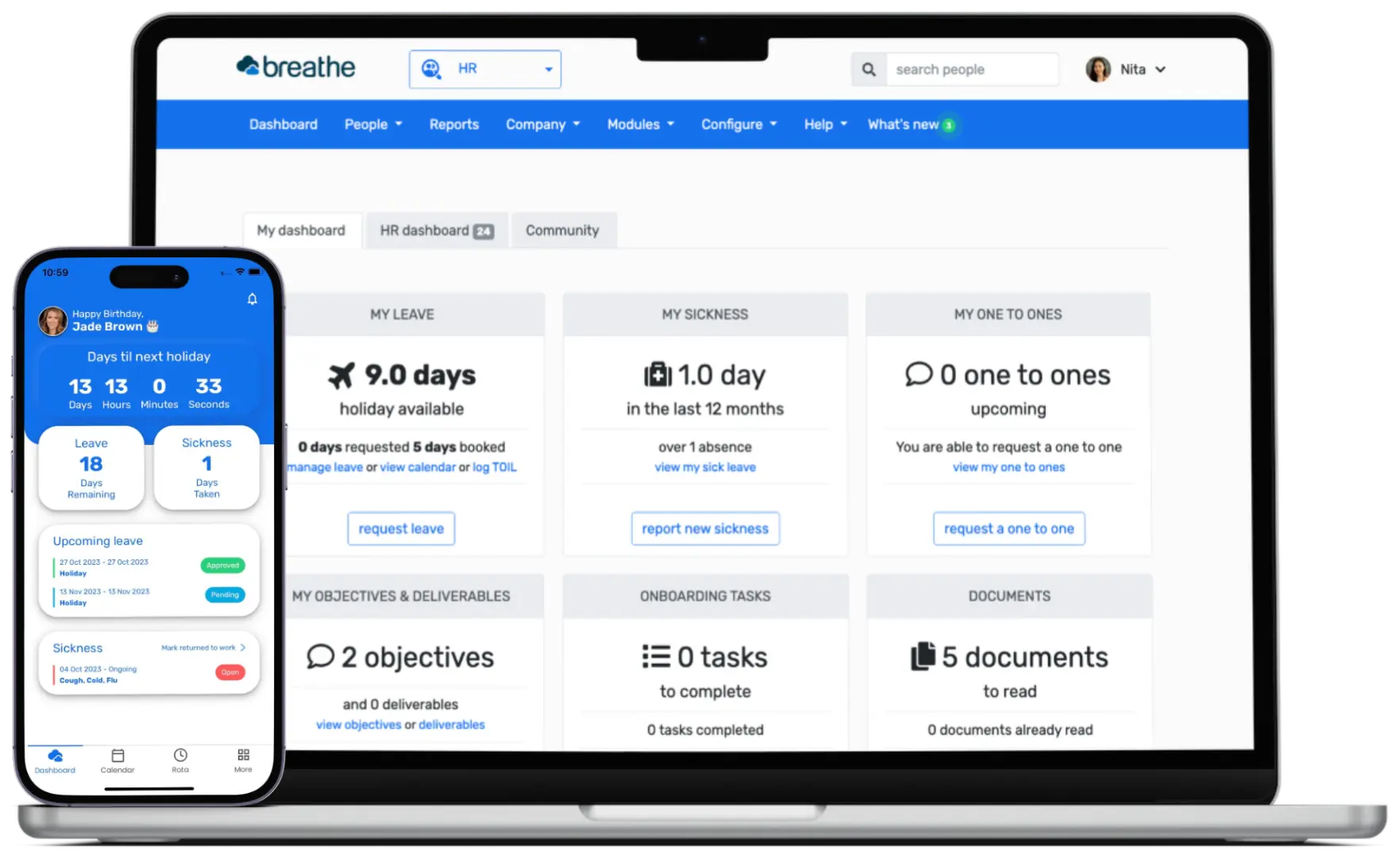 Breathe's HR software dashboard on laptop and mobile