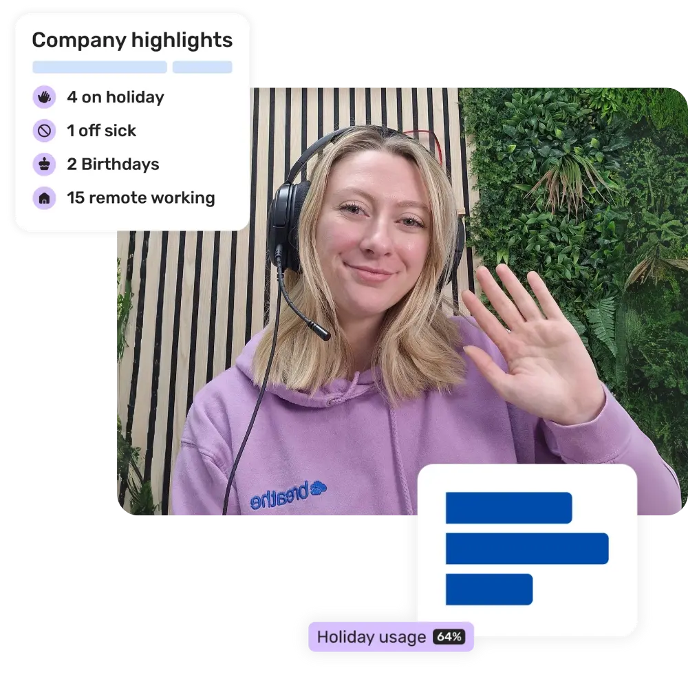 Woman hosting webinar waving at the screen with Breathe product UI pop ups showing company highlights and holiday usage report graph