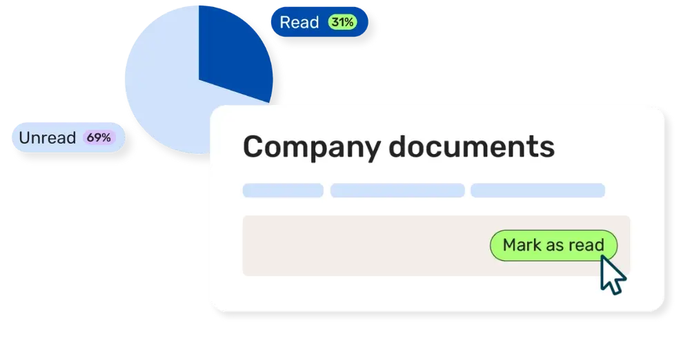 Graphic of pop ups relating to company documents and statistics on percentage marked as read vs unread