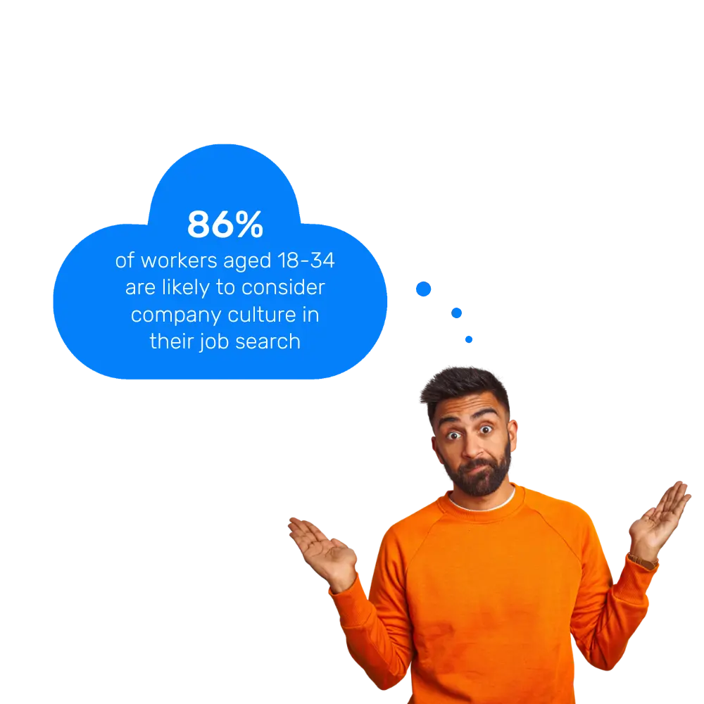 Man pointing to a cloud with a stat about company culture