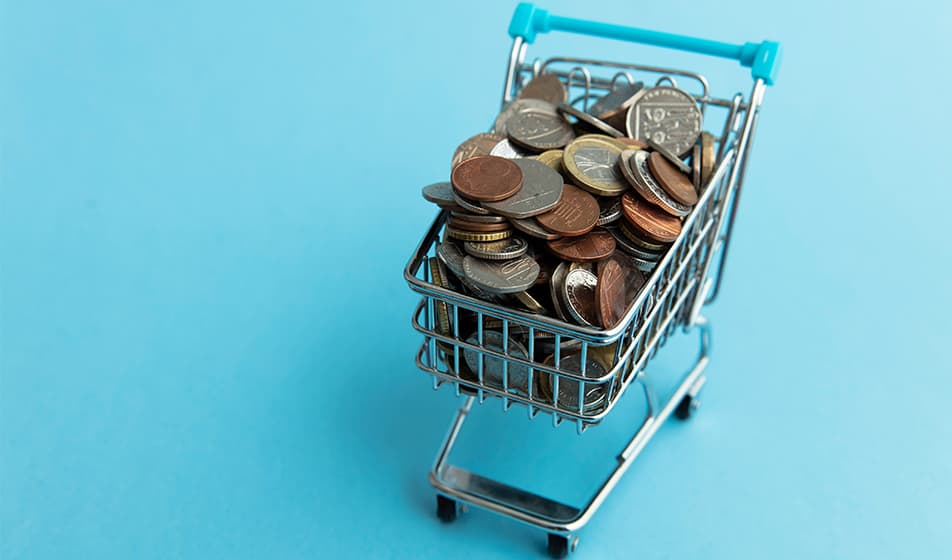 A miniature shopping trolley is shown containing coins, against a blue background. 