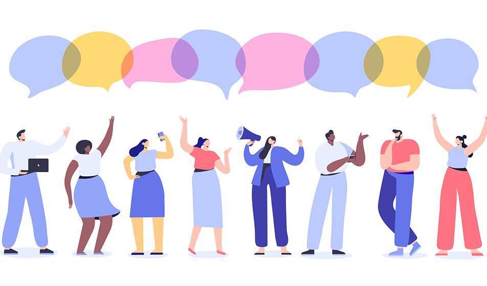 An animated concept image shows a group of diverse employees with speech bubbles above their heads, communicating in their own ways