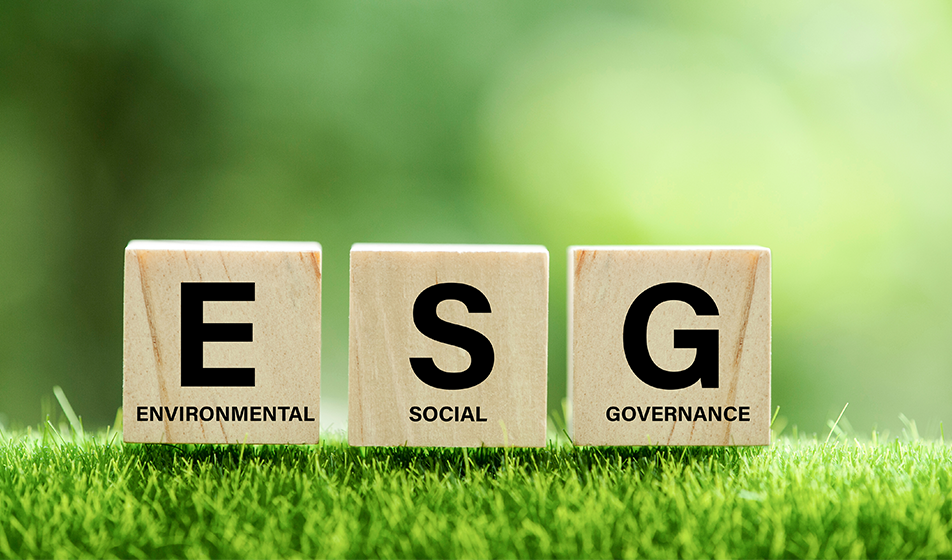 Three wooden blocks are lined up on grass, with a green background. One block has a capital E with environmental written underneath, the second has a large S and social written underneath and the final block has a large G with governance printed beneath. 
