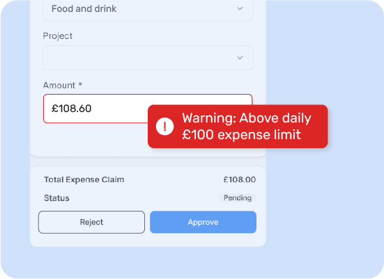 Graphic showing how the built-in spending limits would work when submitting an expense claim. 