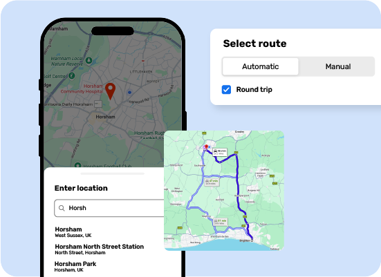 Graphic of a mobile with a map and location selector to demonstrate how the Breathe HR Expenses add on works. 
