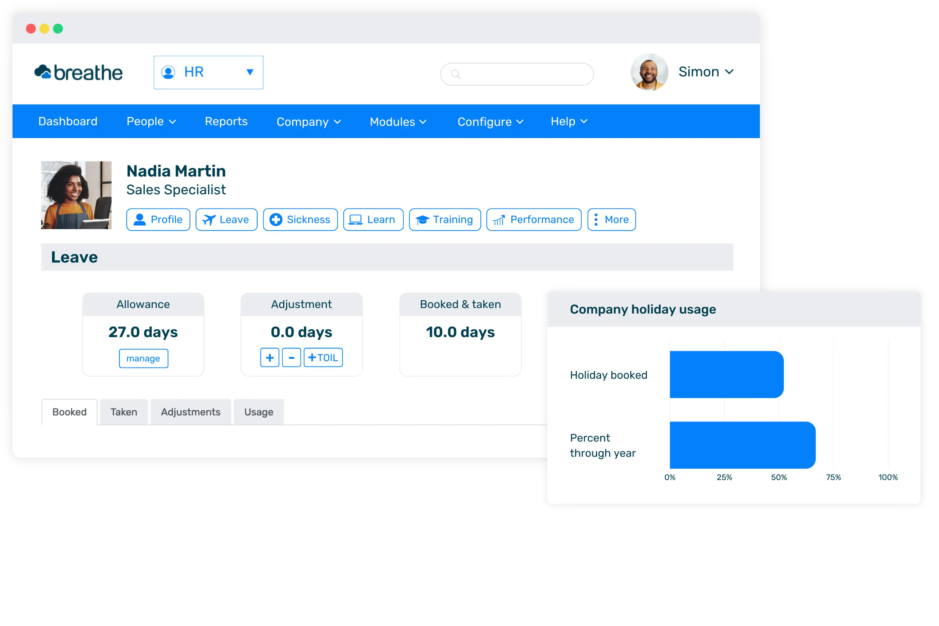 Employee holiday in profile and report