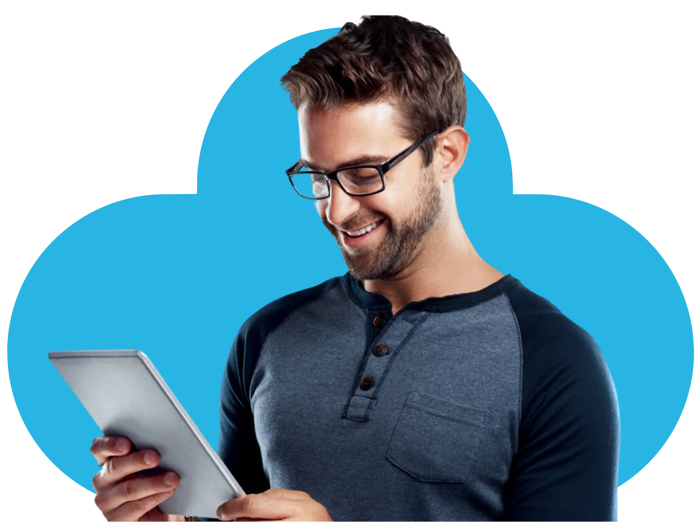 A man holding a tablet and using HR software for his charity. The man is looking down smiling standing in a blue cloud.