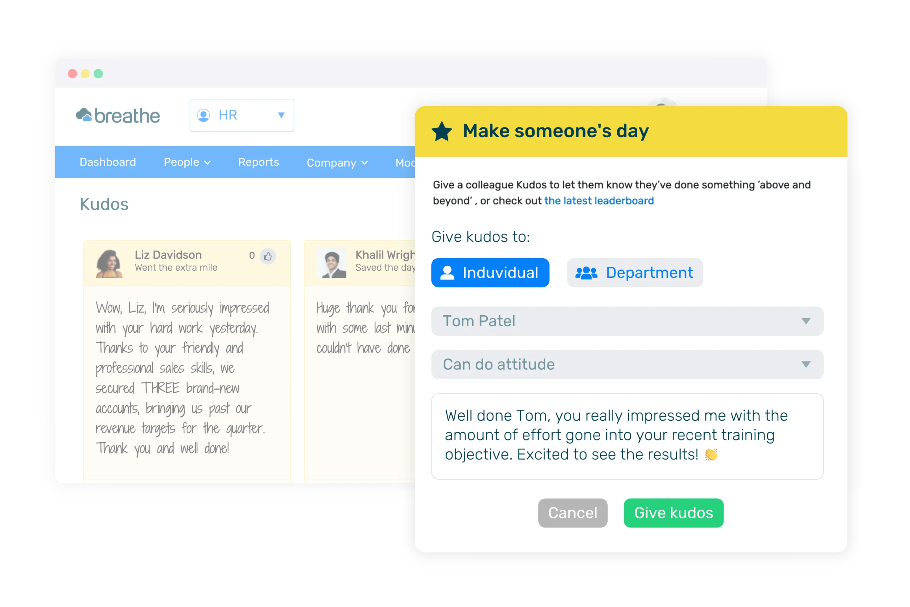 Breathe's kudos dashboard showing employee recognition and a pop up of someone giving a colleague kudos