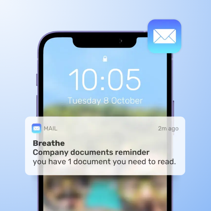 A mobile phone with an email notification showing user has a company document reminder notification displayed on a gradient background