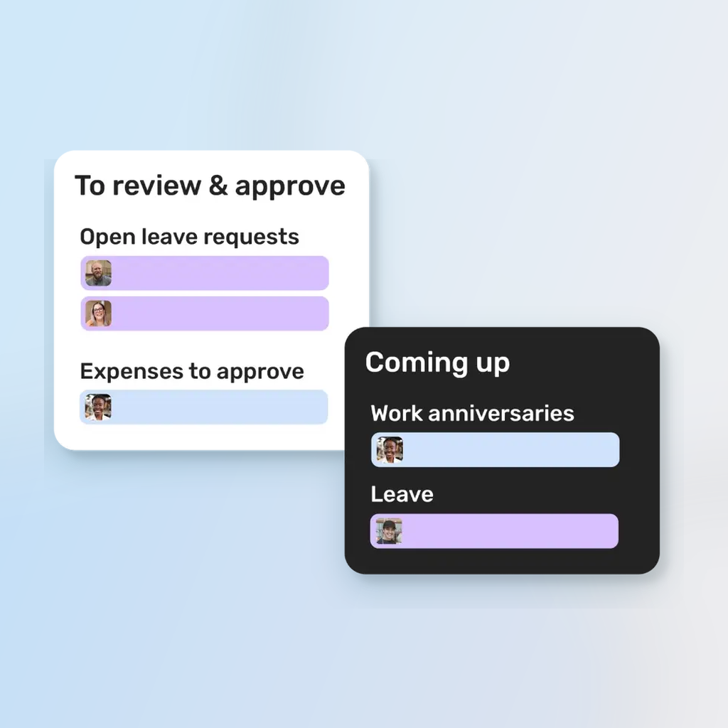 A graphic showcasing Breathe’s leave and expense requests and approvals displayed on a soft blue gradient background.