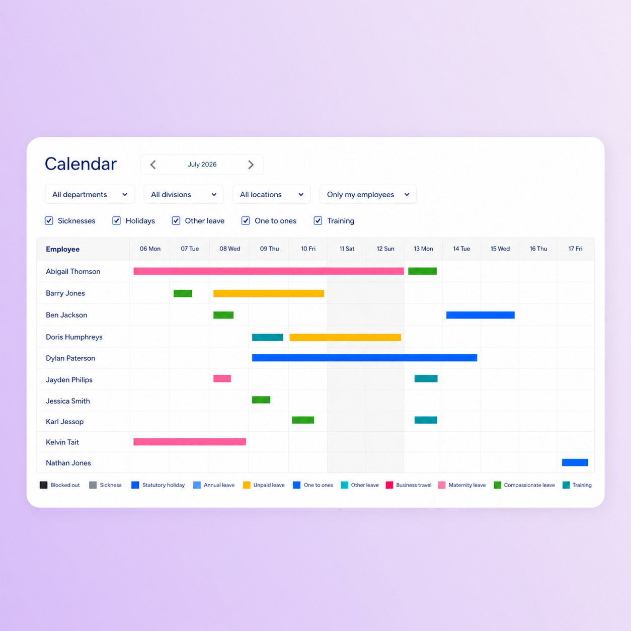 An image highlighting Breathe HR's leave calendar for different types of leave and absences on a purple gradient background