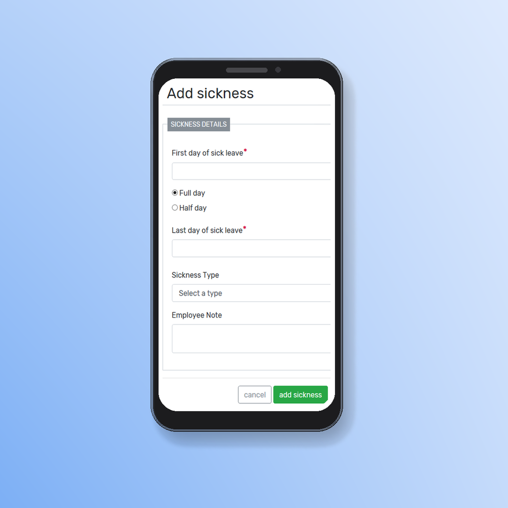 Image showcasing booking sick leave on the Breathe HR mobile app, on a blue gradient background