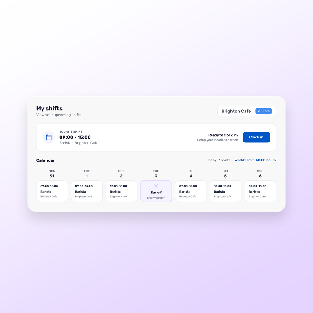 Breathe Rota dashboard showing upcoming shifts, clock-in details and a weekly calendar.