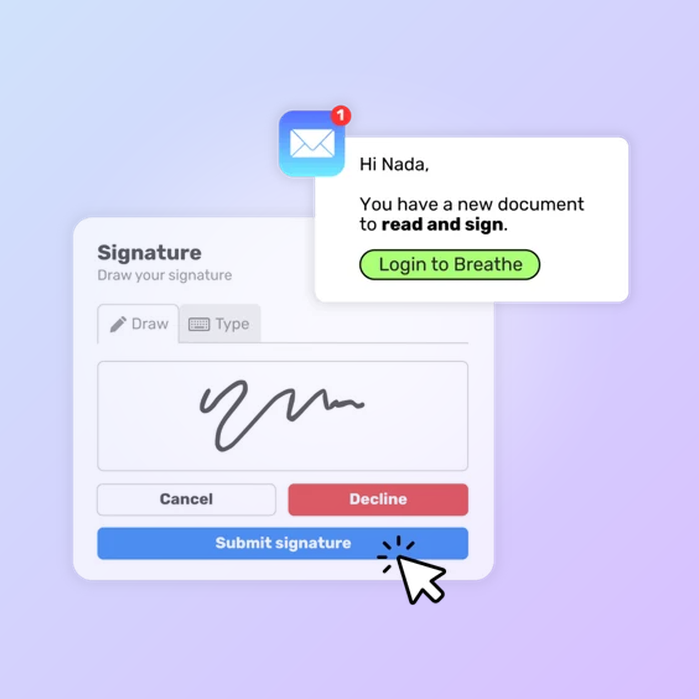 A graphic showcasing the Breathe HR e-signature feature on a gradient background