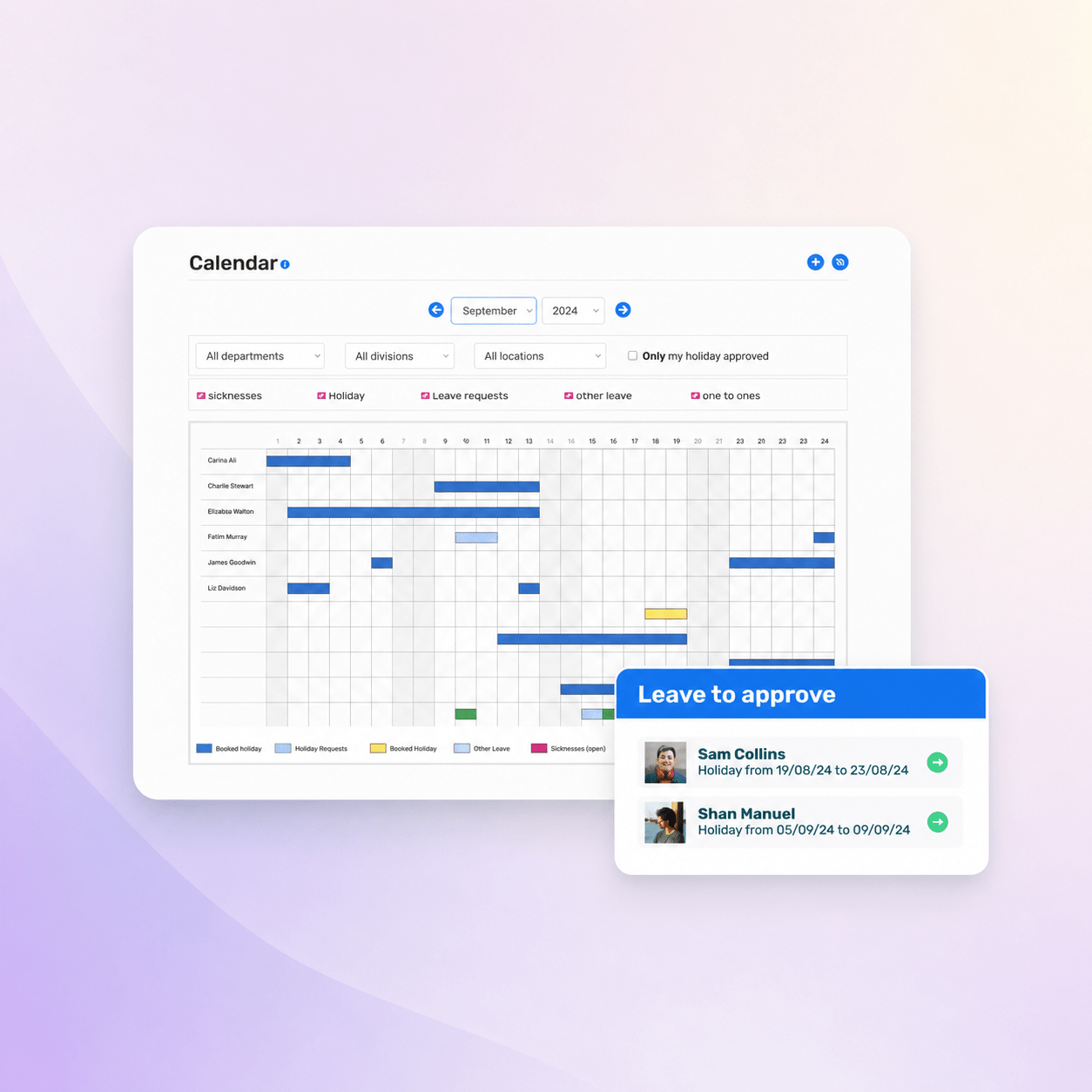Breathe's holiday calendar graphic showing team leave visibility and employee leave cards on a violet gradient background